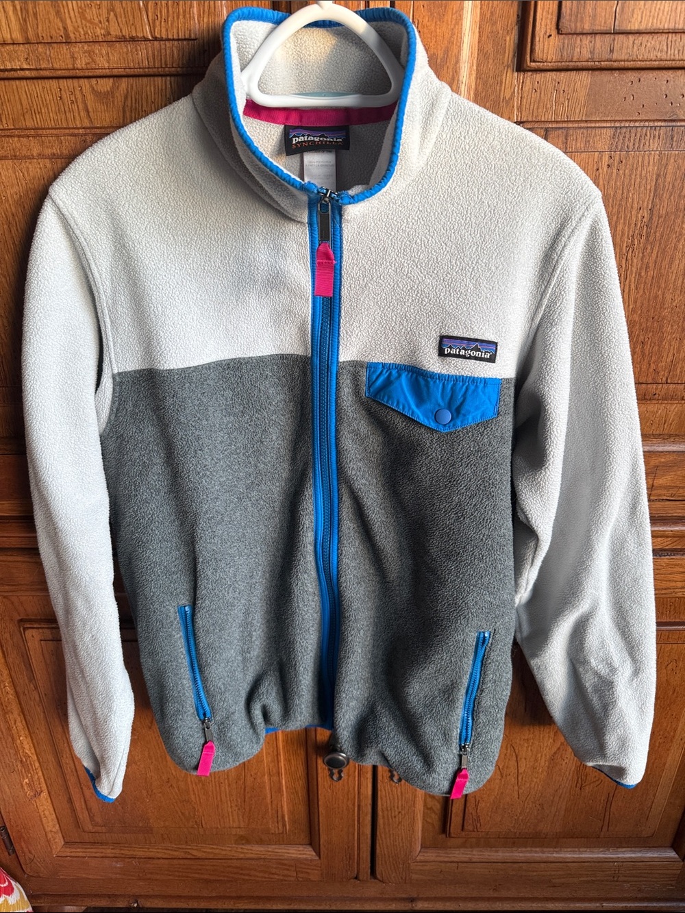 Patagonia retro Two-Tone Gray Fleece Jacket with Blue Trim and Pink Accents